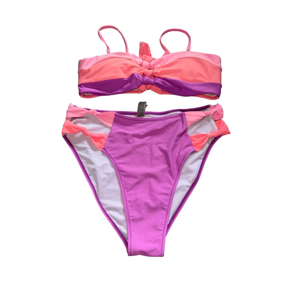 Popvil Pink Purple Colorblock High Waisted Bikini Set Knotted Cutout Swimsuit L